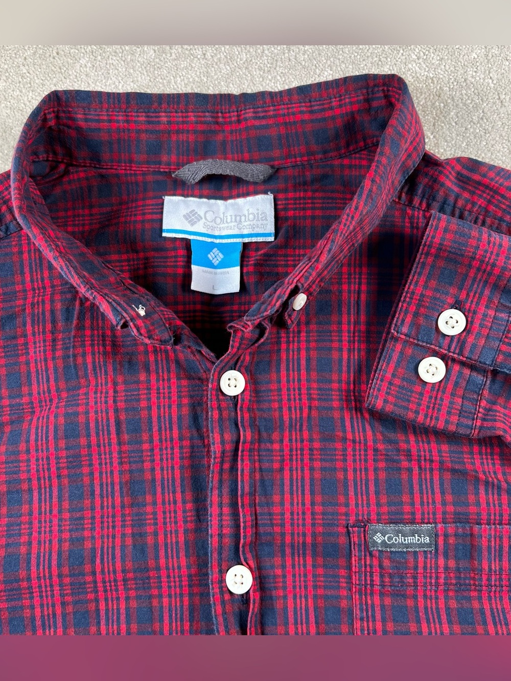 Columbia Shirt Button Down Red Plaid Casual Men's Large